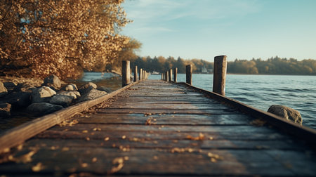 Old vintage wooden bridge on the lake, in spring, tropical, quiet river. Generative AI.の素材