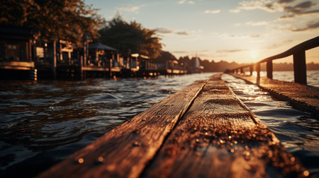 Old vintage wooden bridge on the lake, in spring, tropical, quiet river. Generative AI.の素材