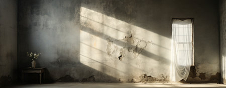 Thin white curtains hung on the old vintage cement wall, the old wall has a lot of light from the beautiful window.の素材