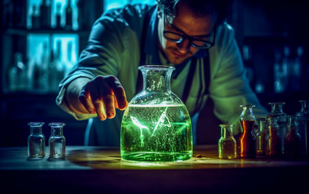 A man scientist is doing experiments using a glass bottle in the science lab.の素材