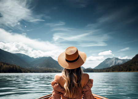 Picturesque river and mountain views, and woman wearing a hat sitting on a boat on the river.の素材