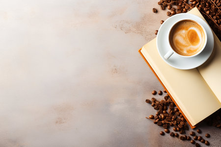 Top view, books arrangement with cup of cofee, minimal style, for  banner, advertising.の素材