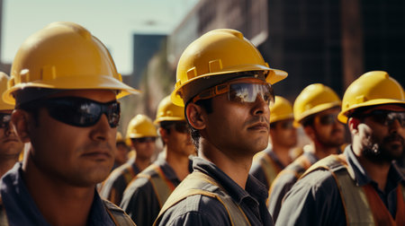 A group of construction team, Construction workers in vests and in hard hats for safety. USA Labor Day celebration.の素材