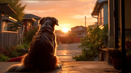 Back view of a dog while waiting for his owner outside the house.の素材