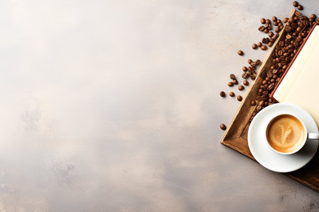 Top view, books arrangement with cup of cofee, minimal style, for  banner, advertising.の素材