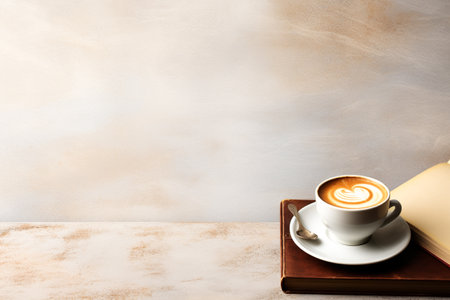 Top view, books arrangement with cup of cofee, minimal style, for  banner, advertising.の素材
