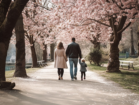 Back view of a mother, father and a baby walking at the park of cherry blossom.の素材