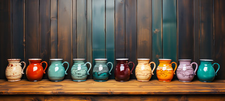 A collection of colorful ceramic cups on vintage wood table. Generative Aiの素材