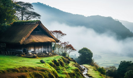 Old cottage house small thatched house on a hill, in the style of misty atmosphere, There are trees, fresh green forests. Behind is a beautiful mountain. Generative Aiの素材