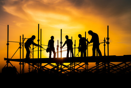 Silhouette of teamwork construction crew, building construction worker working togetherat site. Generative Aiの素材