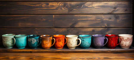 A collection of colorful ceramic cups on vintage wood table. Generative Aiの素材