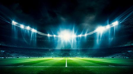 Background image of a football stadium. There are spotlights shining on the football field. Generative Aiの素材