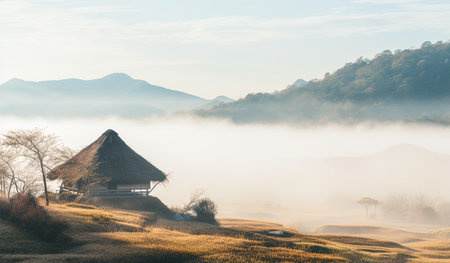 Old cottage house small thatched house on a hill, in the style of misty atmosphere, There are trees, fresh green forests. Behind is a beautiful mountain. Generative Aiの素材