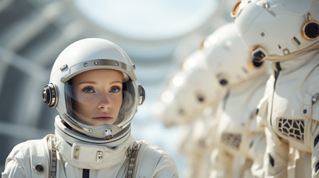 Girl in white space suit and a swarm of robot dogs. Generative Aiの素材