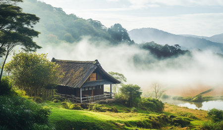 Old cottage house small thatched house on a hill, in the style of misty atmosphere, There are trees, fresh green forests. Behind is a beautiful mountain. Generative Aiの素材