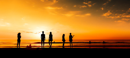 Silhouette of group of friends are having fun, having fun on the beach in the evening sunset. Generative Aiの素材
