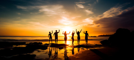 Silhouette of group of friends are having fun, having fun on the beach in the evening sunset. Generative Aiの素材