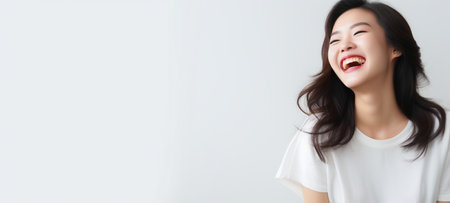 A woman in a white shirt is laughing, smiling and cheerful. on a white background. Generative Aiの素材