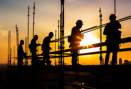 Silhouette of teamwork construction crew, building construction worker working togetherat site. Generative Aiの素材
