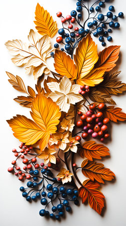 Flowers branches autumn leaves in summer, old vintage flowers on white background. Generative AIの素材