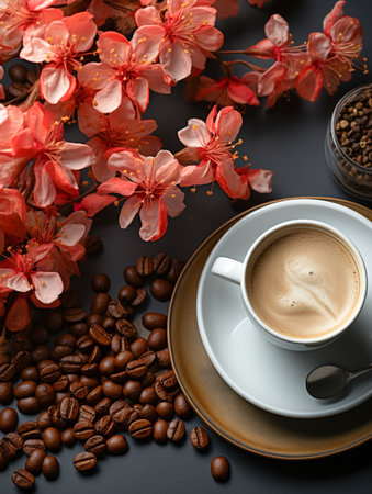 White coffee mug on the table, with fresh coffee beans, beautiful decoration. Generative AIの素材