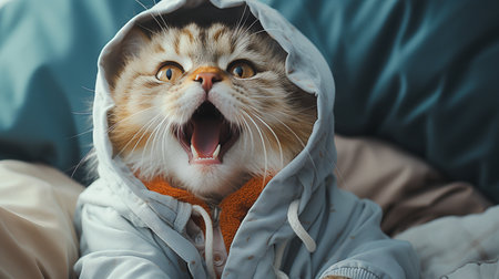 Cute cat opening its mouth wide Wear colorful winter pajamas. Generative Aiの素材