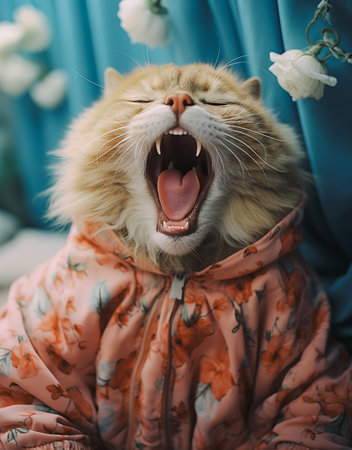 Cute cat opening its mouth wide Wear colorful winter pajamas. Generative Aiの素材