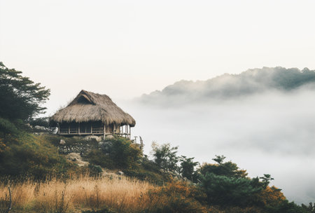 An old small house in the style of a local community. in natural territory Thai mountain forest plant species. Generative Aiの素材