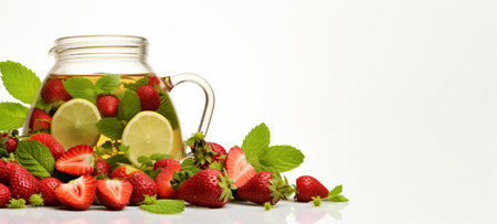 Red strawberries in a jar with water, with peppermint leaves, on a white background. Generative AIの素材