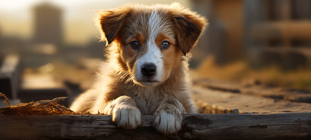 A small dog with a cute face, fluffy fur wet with water, a confused expression. Generative AIの素材