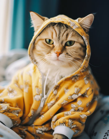 Fluffy cat making a sly face Put on colorful winter pajamas. Generative Aiの素材