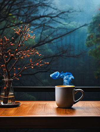 Ceramic drinking glasses set on a wooden board. There is a natural backdrop. forest moisture. Generative Aiの素材