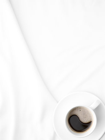 White coffee mug on wrinkled cloth space for text. Generative AIの素材