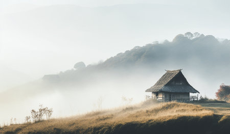 An old small house in the style of a local community. in natural territory Thai mountain forest plant species. Generative Aiの素材