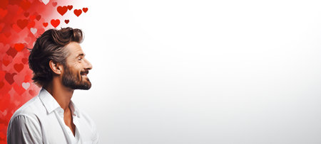 Handsome man in white suit with red heart on white background. concept of Valentine's Day, For wedding photos, wedding cards valentine's day card or web design and web background. Generative aiの素材