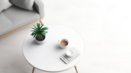 Coffee mug on a white elegant table, beautiful sofa, white wall backdrop. For art texture, presentation design or web design and web background. Generative aiの素材