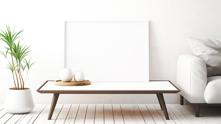Coffee mug on a white elegant table, beautiful sofa, white wall backdrop. For art texture, presentation design or web design and web background. Generative aiの素材