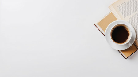 Hot coffee on white background, reading idea Relaxing view at leisure. For art texture, presentation design or web design and web background. Generative aiの素材