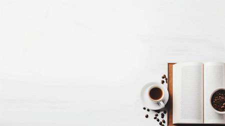 Hot coffee on white background, reading idea Relaxing view at leisure. For art texture, presentation design or web design and web background. Generative aiの素材