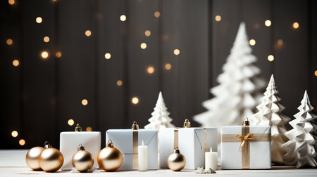 Christmas tree, Christmas balls New Year's gift box, Blur background, blurred bokeh lights. Merry christmas and Happy new year event. Generative aiの素材