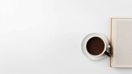 Hot coffee on white background, reading idea Relaxing view at leisure. For art texture, presentation design or web design and web background. Generative aiの素材