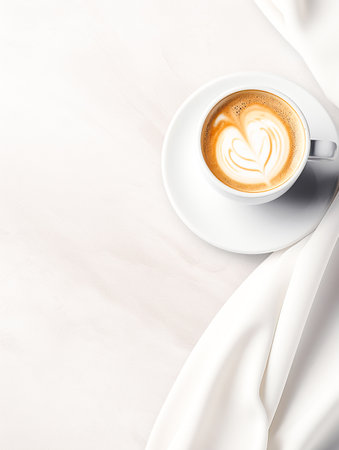A morning coffee mug rests on a wrinkled white cloth. For art texture, presentation design or web design and web background. Generative aiの素材