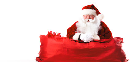 Santa Claus and gift bag on white background. Merry christmas background. Generative aiの素材