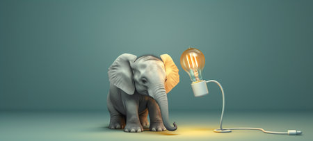 Cute little elephant and light bulb showing ideas, concepts, creativity, minimalist watercolor style. Generative aiの素材