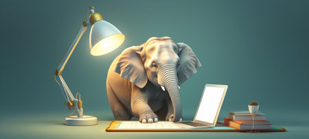 A cute elephant is diligently reading a book, has a light bulb, a notebook, and a pen. Image of a cute, minimalist watercolor style. Generative aiの素材