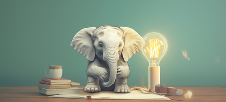 A cute elephant is diligently reading a book, has a light bulb, a notebook, and a pen. Image of a cute, minimalist watercolor style. Generative aiの素材