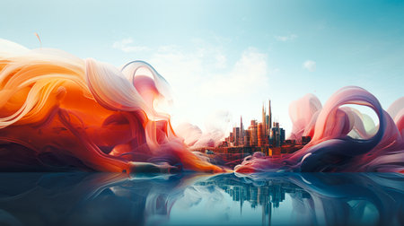 Wavy flowing over a light background, digital painting of water flows 3d landscapes, brushstroke fields. Generative Aiの素材