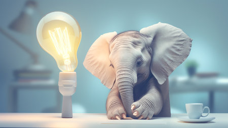 Cute little elephant and light bulb showing ideas, concepts, creativity, minimalist watercolor style. Generative aiの素材