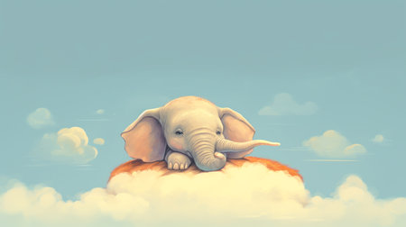 Illustration of A very cute little elephant lies on the clouds. Image of a cute, minimalist watercolor style. Generative aiの素材