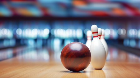 bowling ball on the track in the bowling center. For sport design or web background. Generative aiの素材